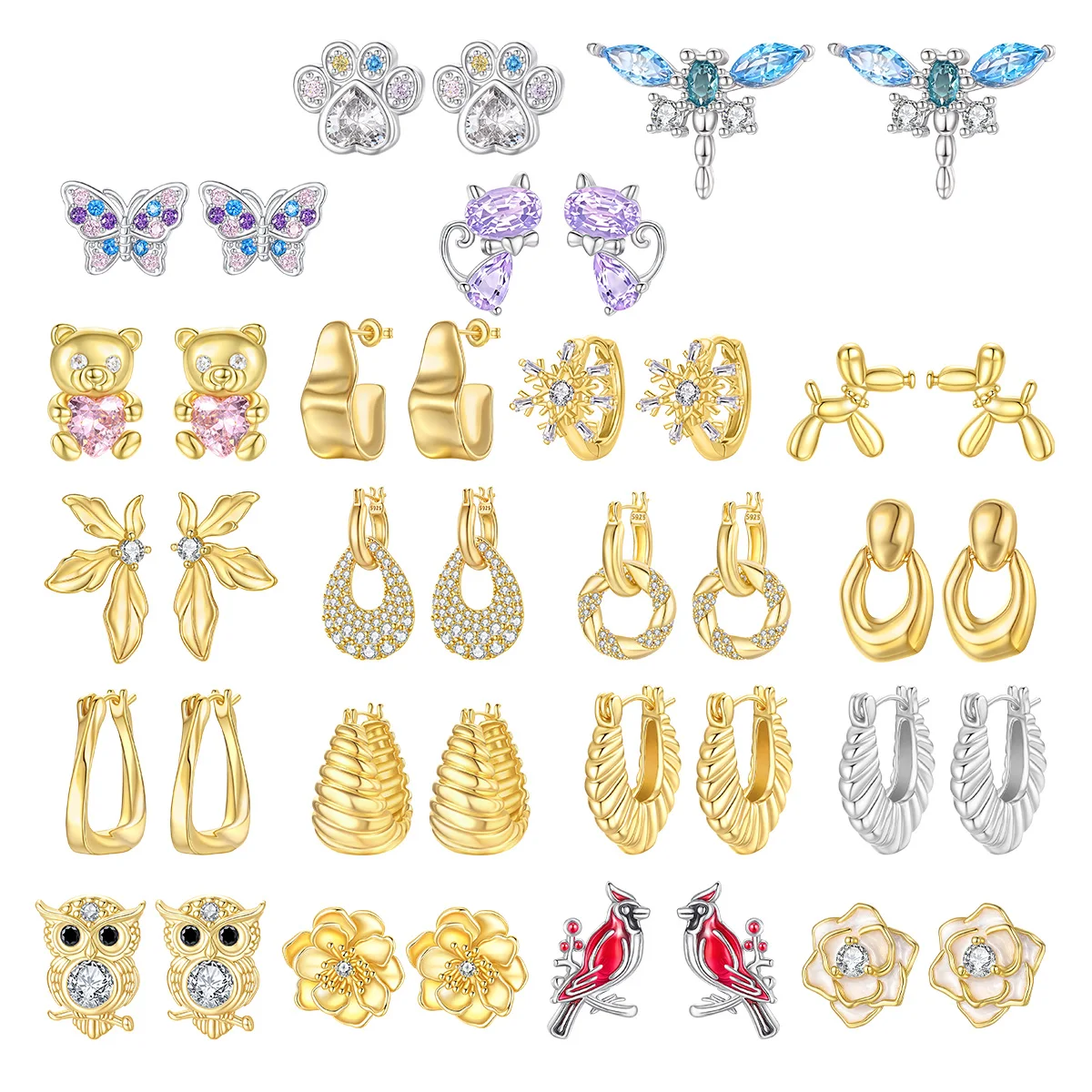 Pendientes de circonio con doble estribo para mujer, de Plata de Ley 925, oso cardinal, mariposa, globo, perro, joyería de lujo, regalo de boda