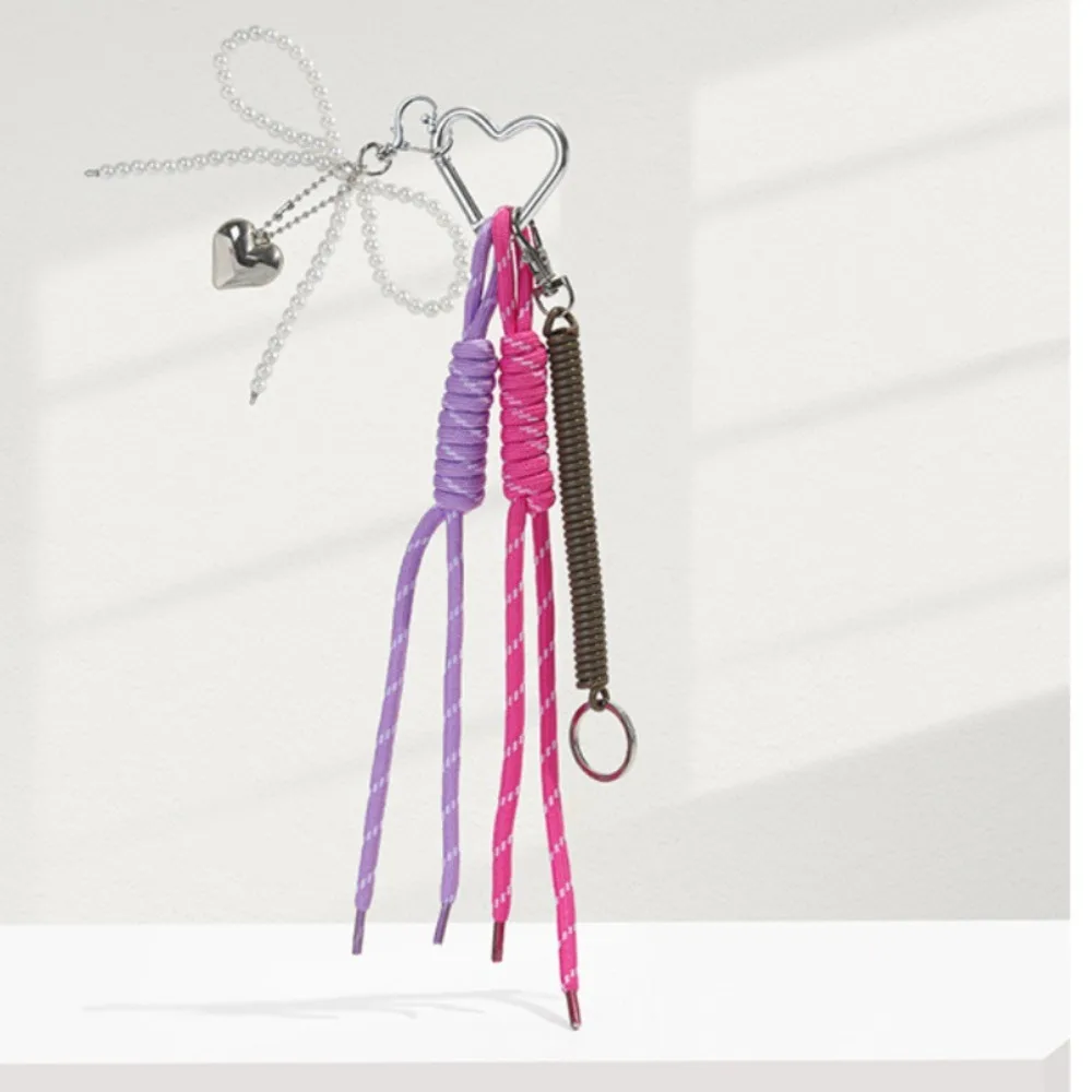 Ins Portachiavi con fiocco di perle in pelle lucida Y2k Nappa lunga Portachiavi con fiocco 3D Portachiavi con ciondolo a forma di cuore d'amore fatto a mano per la scuola