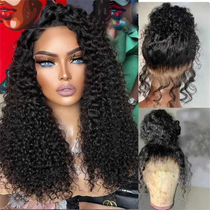 

Long Kinky Curly Glueless Preplucked Deep Soft 26" 180%Density Black Lace Front Wigs For Women Baby Hair Heat Resistant Daily