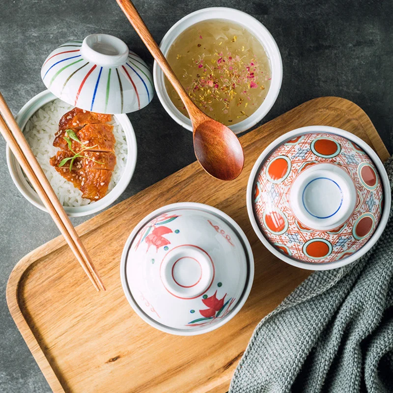 Japanese Retro Ceramic Bowl with Cover Heat-resistant Steam Bowls Steamed Egg Soup Bowl Household Tableware