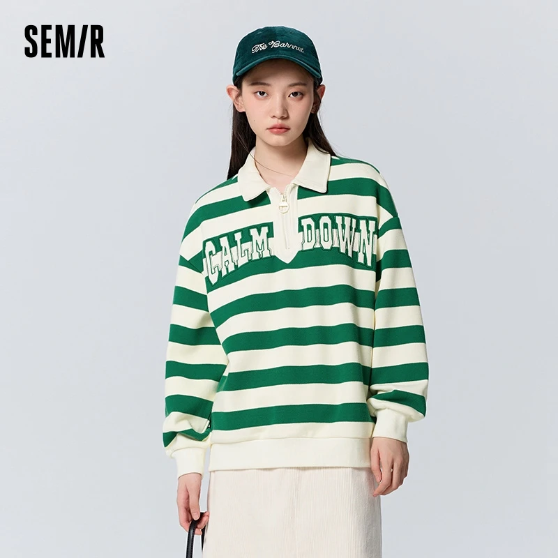 Semir Sweater Women Waffle Texture Striped Shirt Oversize Winter Polo Collar Letter Embroidered Retro Sweatshirt