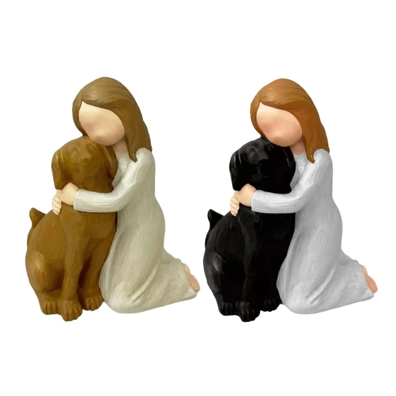 Woman with Dog Figurines Sympathy Dog Memorials Gift for Dog Lover Resin Girl and Dog Statue Memorials Gift for Loss Dog