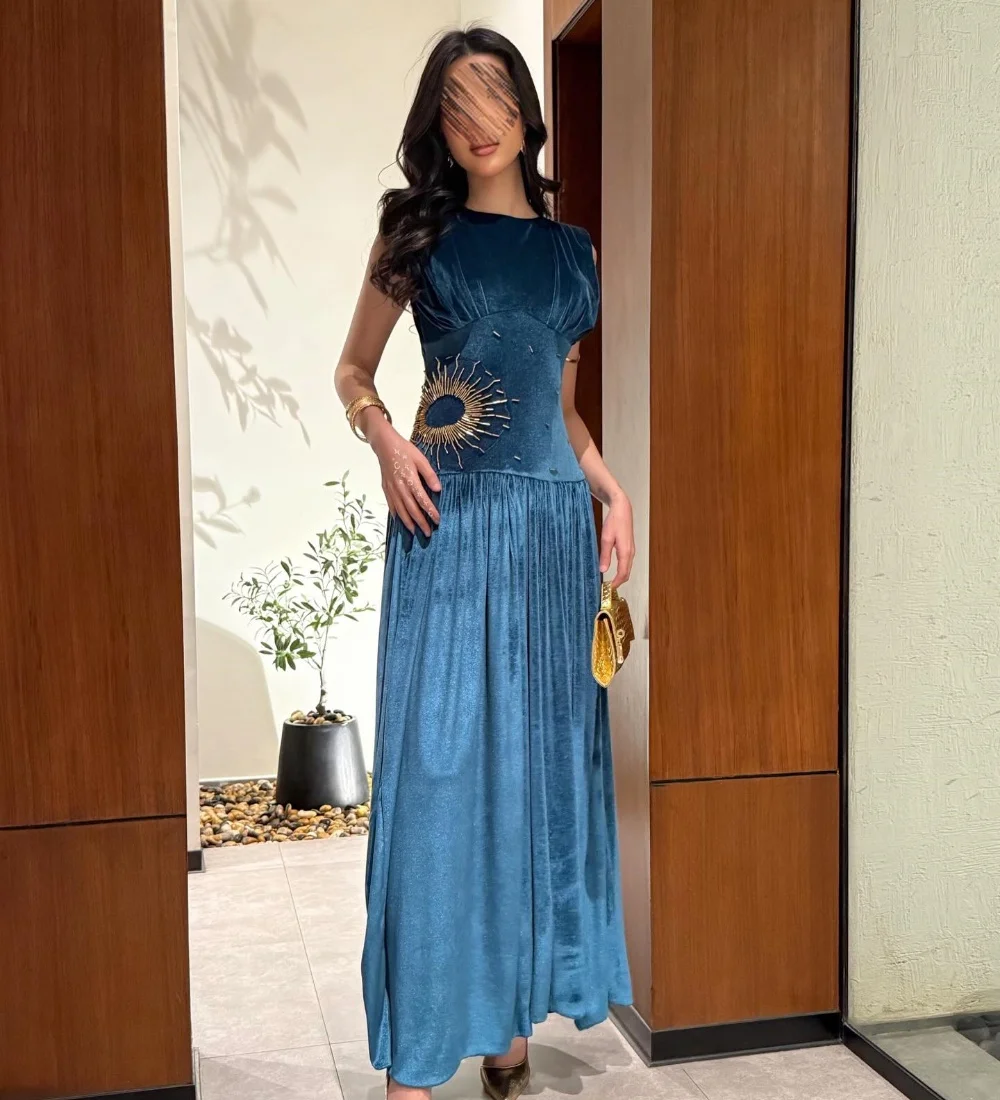 

Customized Fashion Exquisite Velour Pleat Ruched Beading A-line High Collar Ankle Length Evening Dresses Sizes Available Retro