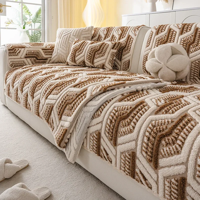 Winter Warm Geometric Jacquard Fleece Sofa cushion Non-slip Warm Sofa Slipcover multi-size Chinese style Sofa mat Pet Friendly
