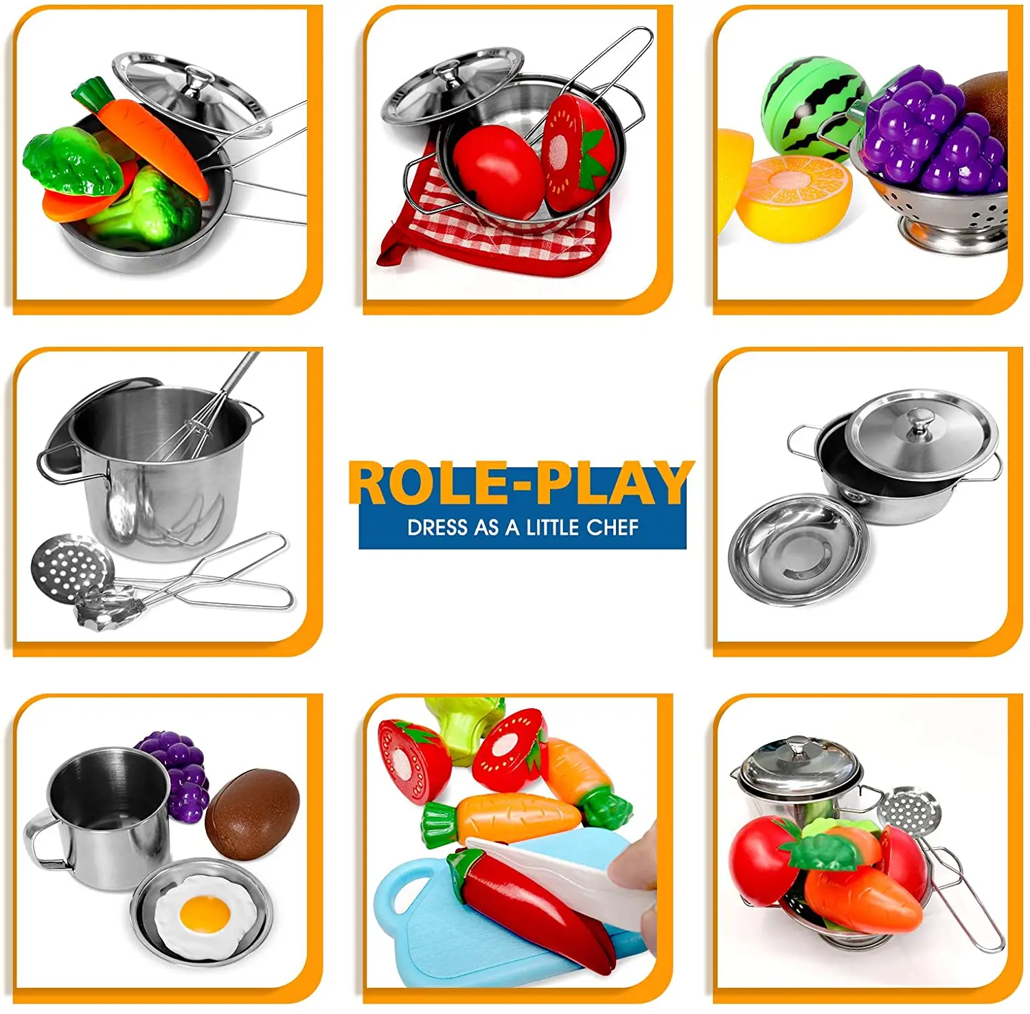 Play Pots and Pans Toys for Kids - Kitchen Playset Pretend Cookware Mini Stainless Steel Cooking Utensils Development Toys