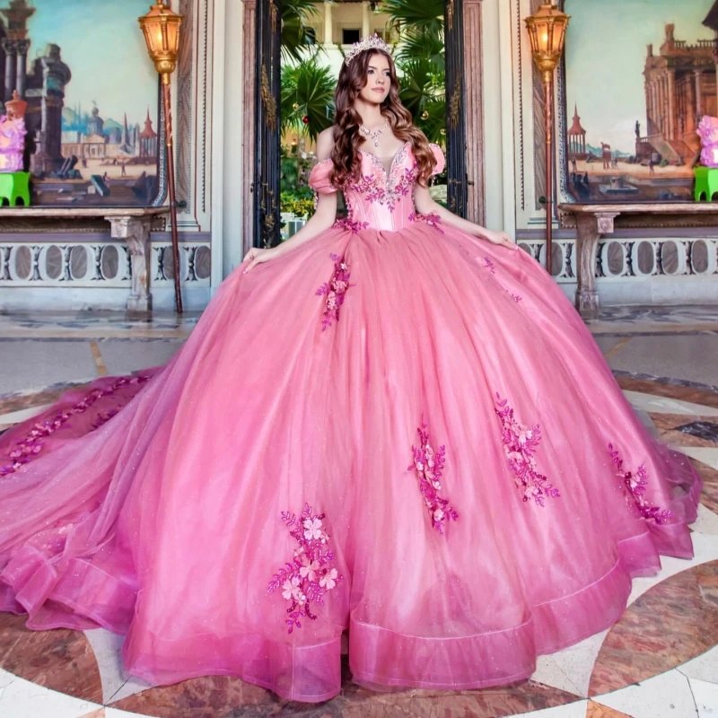 

Rose Red Quinceanera Dresses Off The Shoulder Applique Lace Beads Bow Tull Ball Gown Vestidos De 15 Anos Sweet 16 Dress