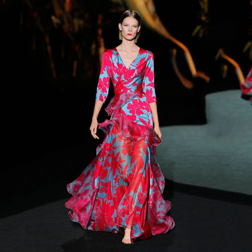 

2025 New Women's Floral Print Maxi Dress, V-Neck Three-Quarter Sleeve Lotus Edge Evening Gown Maple Leafming Multi-Layer Skirt