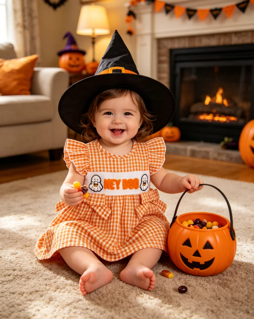 Toddler Girl Halloween Dress Ghost Towel Embroidery Orange Plaid Ruffle Sleeveless Baby Princess Party Outfit