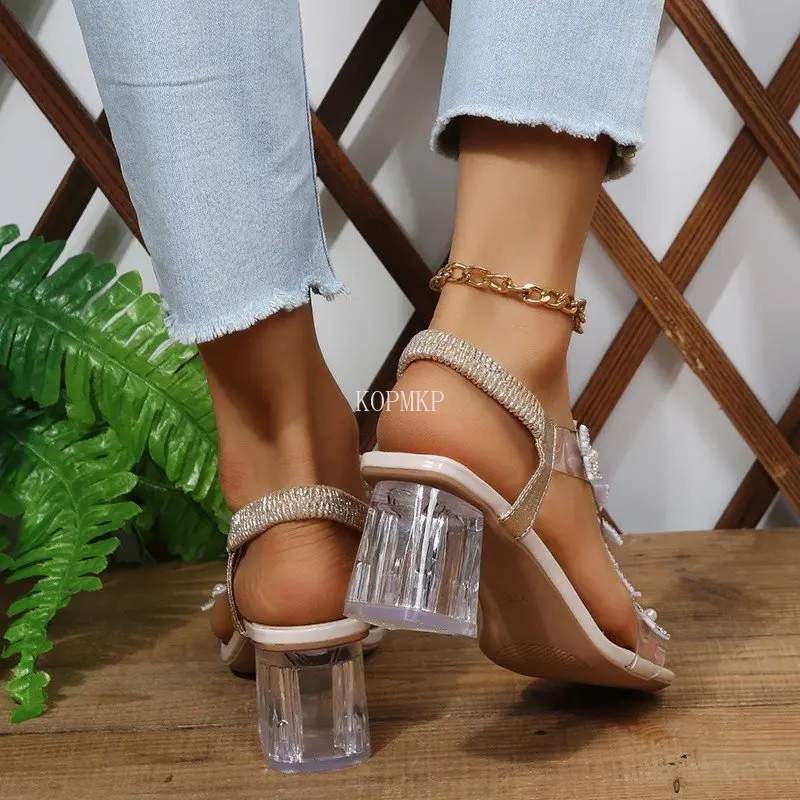 2023 Summer Women\'s Sandals Fashion Transparent PVC Rhinestone Butterfly Wrap Clear Heel Banquet Luxury Wedding Bridal Shoes 43