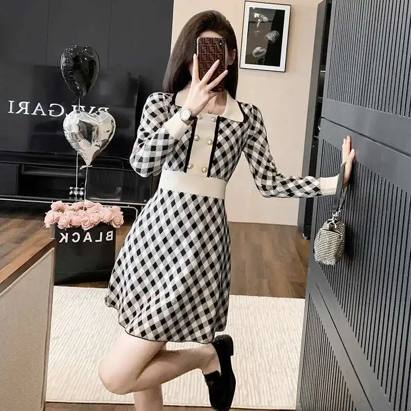 #0943 Knitted Sweater Dress Women Polo Collar Buttons Mini Dress Female Slim Fit Sexy Vintage Short Dress Ladies A-line Retro