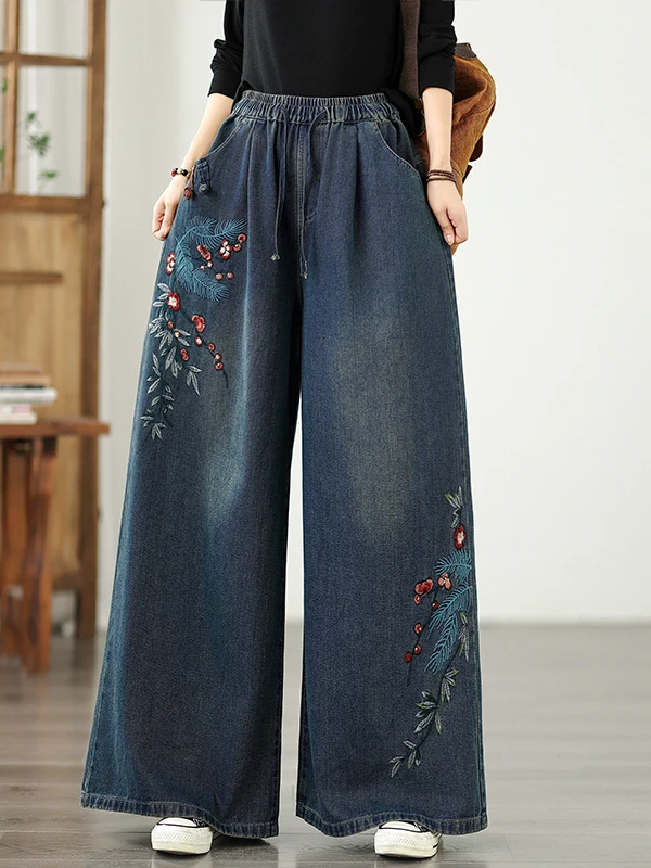 

Retro Heavyweight Embroidered Ethnic Sle Soft Denim Jeans Women's Casual High Waist Loose Fit Wide Leg Pants All Seasons