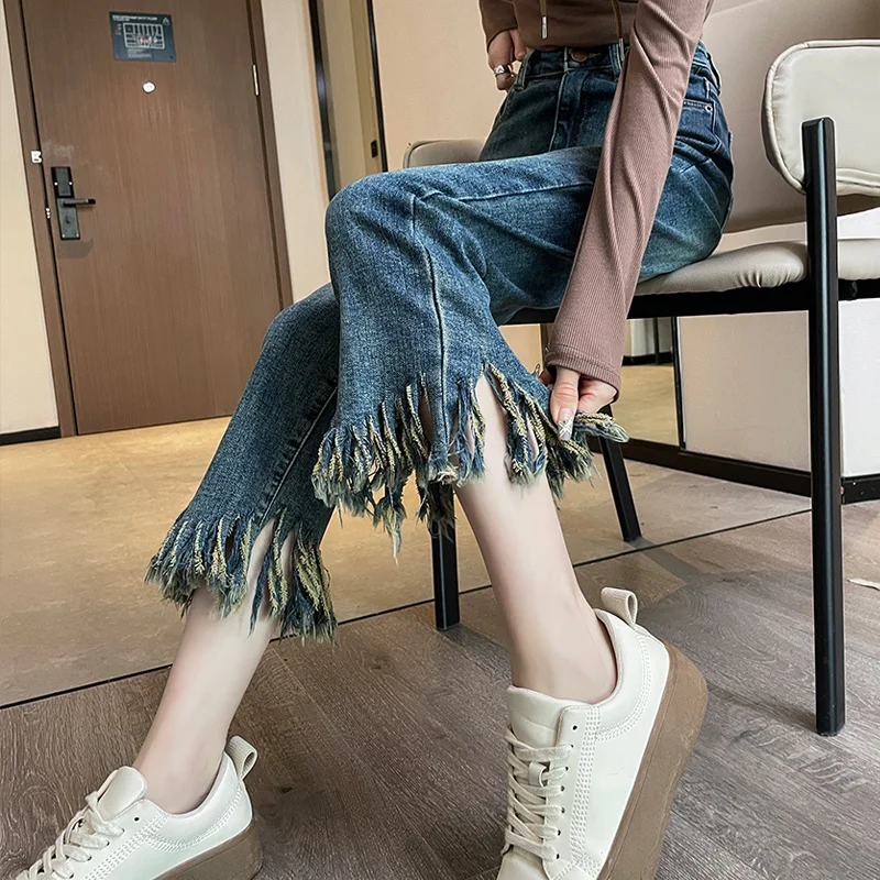 

Extra Large Size Women's High Waist Fringed Summer Jeans Straight Leg Loose ape Nine Points Denim Pants Casual Cotton...