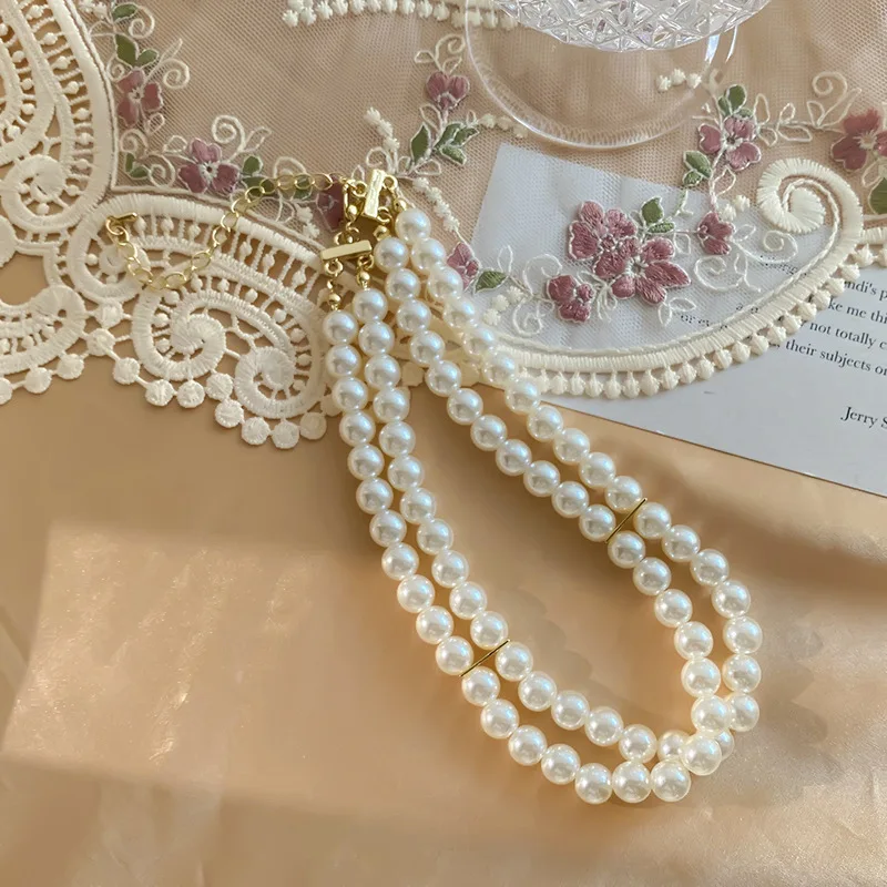 

Palace Hong Kong style elegant classic Hepburn versatile single double glass pearl necklace collarbone chain ancient dress