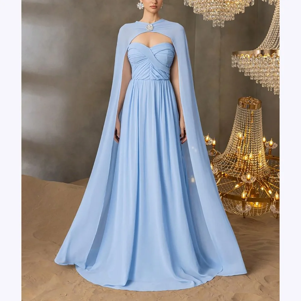 

Blue Chiffon Prom Dresses Sweetheart Strapless Glitter Beaded Pleat Women A Line Dress For Formal Occasion Cape Evening Gown