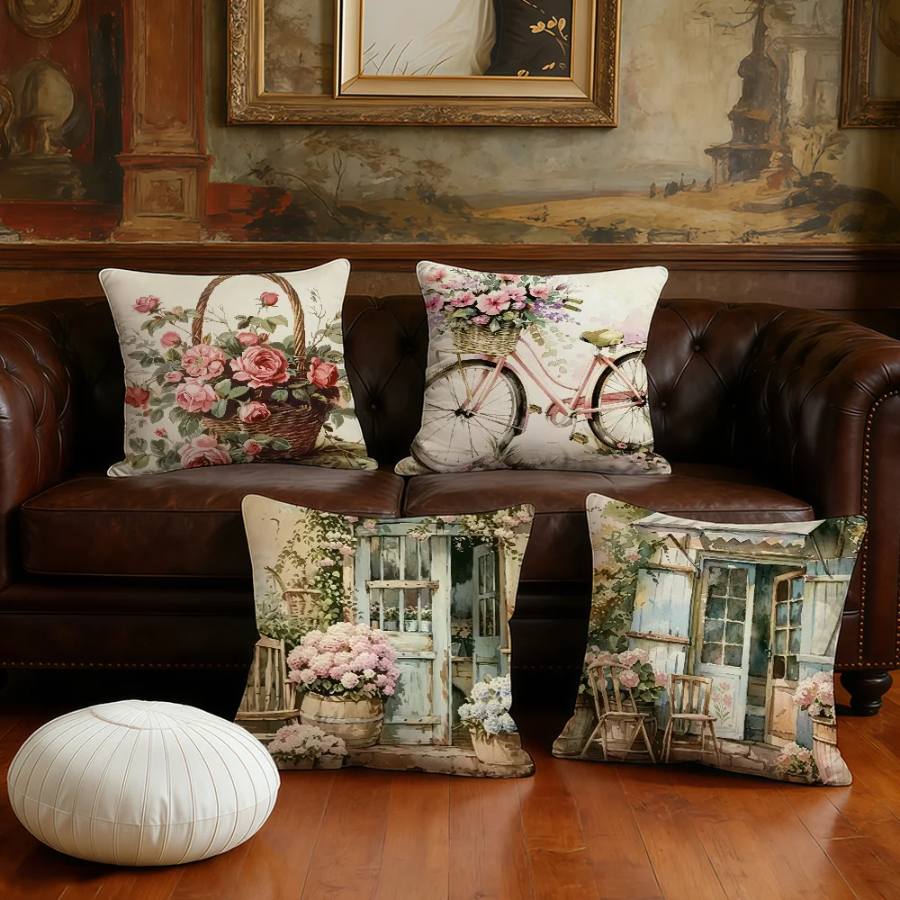 Vintage bicycle flower basket cushion cover Plush Fabric Soft Double Sided Print Sofa Cushion Cover Throw Pillow Covers