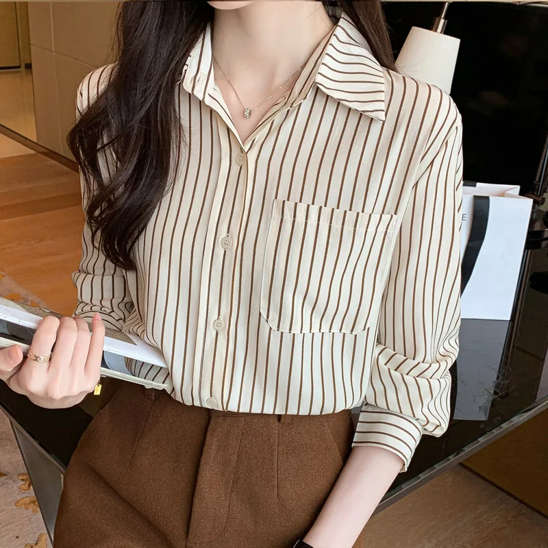 Women Clothing Fashion Khaki Striped Long Sleeve Shirt Autumn New Pure Cotton Loose All-match Blouses Office Lady Pockets Tops