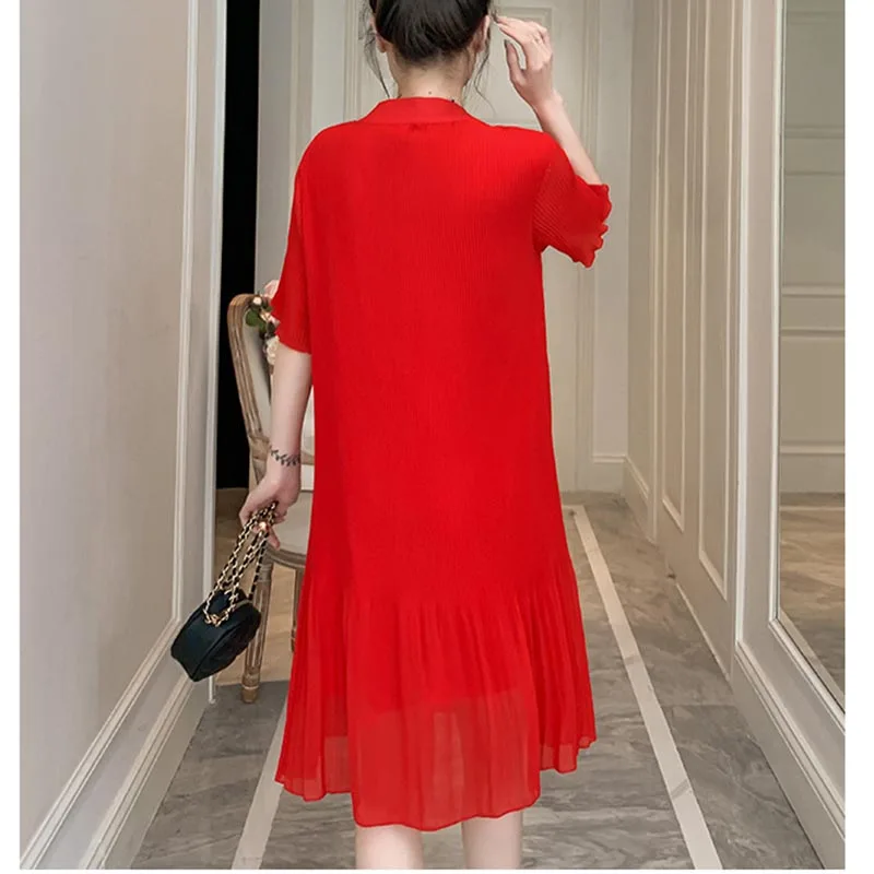 Maternity Summer Clothes Block Collar Bowknot Collar Pregnant Women Pleated Shirts Pregnnacy Chiffon Blouses Maternity Dress