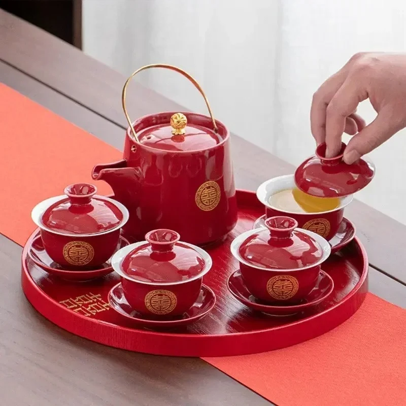 Boutique Chinese Tea Sets Red Ceramic Gaiwan Teapot Tea Tray Suit Wedding Tea Set Supplies Customized High Grade Teaware Gifts