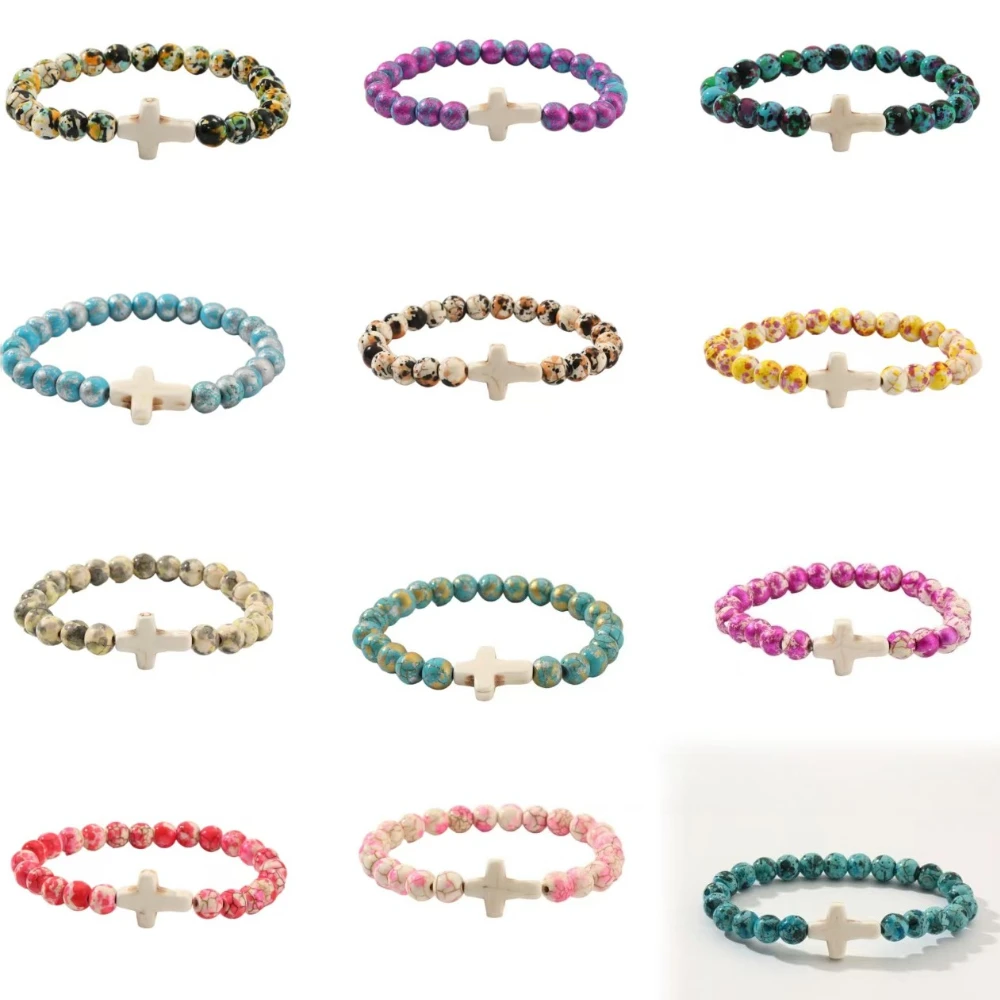 Natural Stone Cross Bracelet Colored Turquoise Matte Bead Bracelet Handmade Wearing Prayer Card Fitness Chain Couple Jewelry