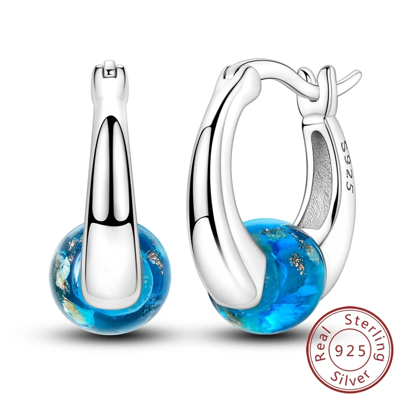 

Luxurious 100% 925 Sterling Silver Blue Glow In The Dark Rotating Earth Hoop Earrings For Nightclub Party Jewelry Matching