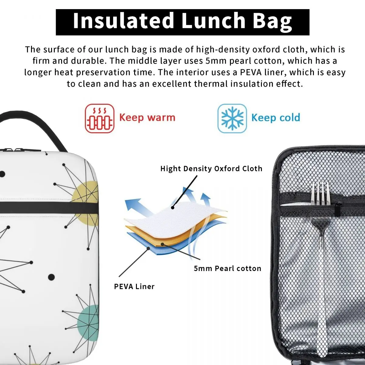 Franciscan Starburst Mid Century Atomic Age Insulated Lunch Bag for Women Children Portable Food Boxes Thermal Lunch Box Tote