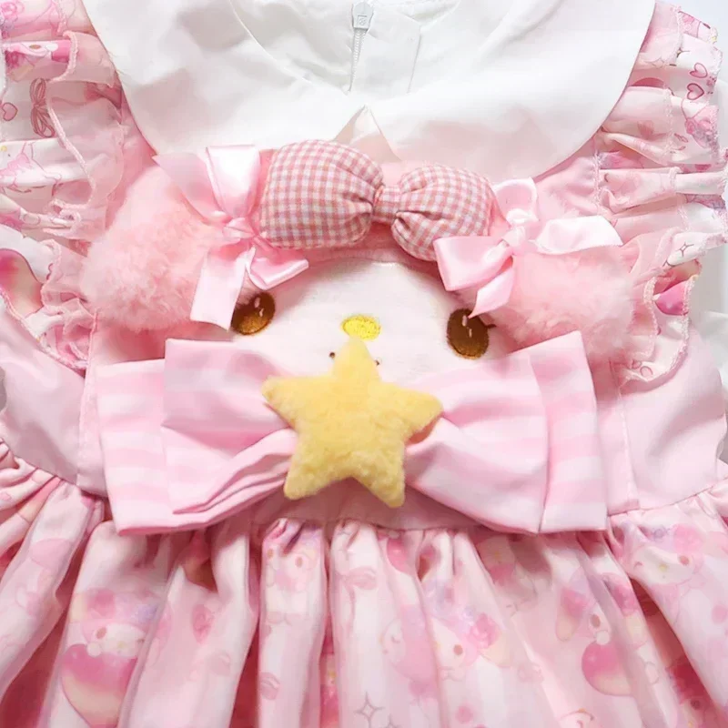 Sanrio My Melody Kuromi vestido manga curta para meninas, saia fofa solta, roupas casuais, fantasia de princesa, presentes de aniversário e Halloween