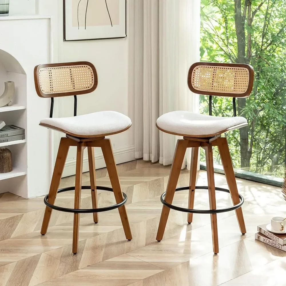 26" Rattan Bar Stools Set of 2, Linen Fabric Counter Height Swivel Barstools with Rattan Backrest and Wooden Legs