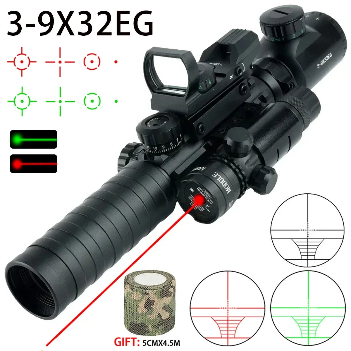 3-9X32EG Tactical Riflescope Laser Red Dot 3 in 1 Combo Optic Sight Red Green Illuminated Reflex 4 Reticle  Hunting Scope Caza