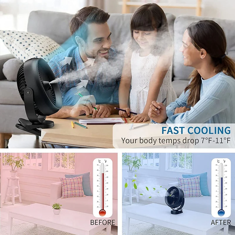 Ventilateur à clipser à piles pour poussette de bureau, ventilateur frais de 8 pouces, 2 modes de brume, sortie avec 10000 ml d'eau précieuse, 3 vitesses, 200 mAh
