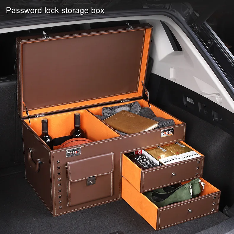 Car Security Safe Box, Password Lock,Folding PU Leather Stowing, Tidying Bag, Trunk Storage Box for Car