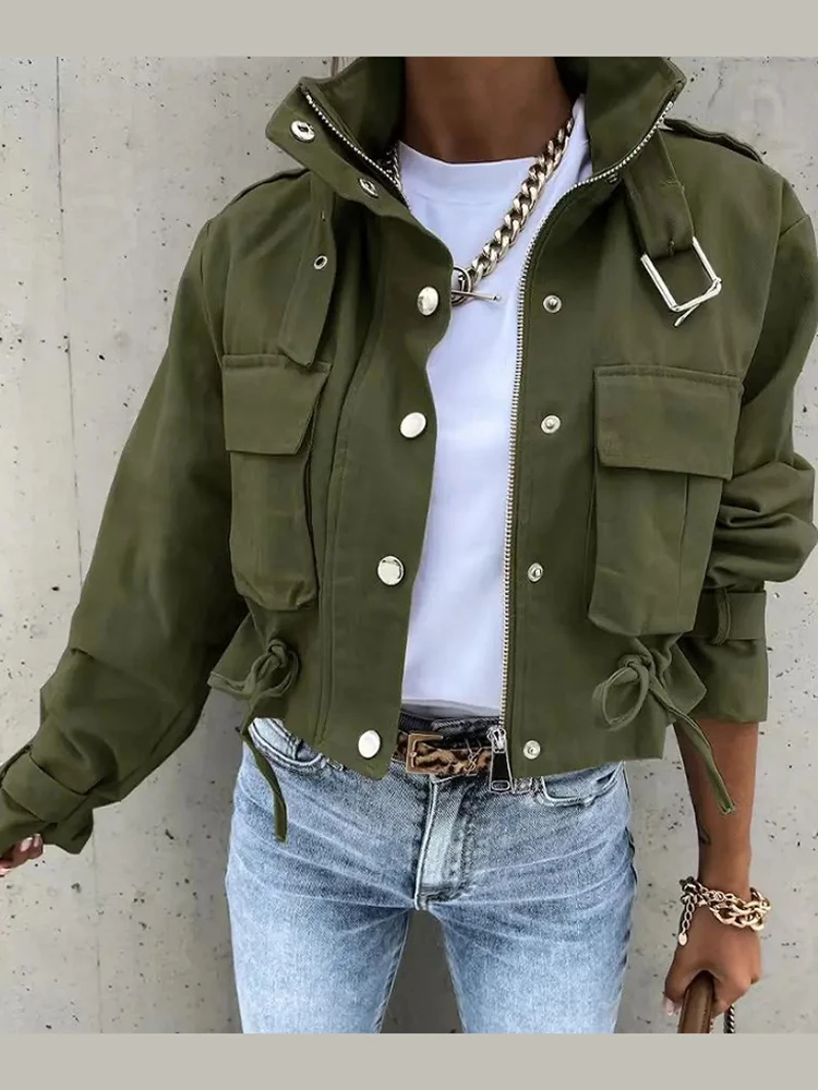 Vintage Damen Kurze Jacke mit Stehkragen, Reißverschluss, einreihig, Armeegrün, Utility-Mantel, 2026 Neue Herbst-Chic Cargo Streetwear-Jacken – Detail 1