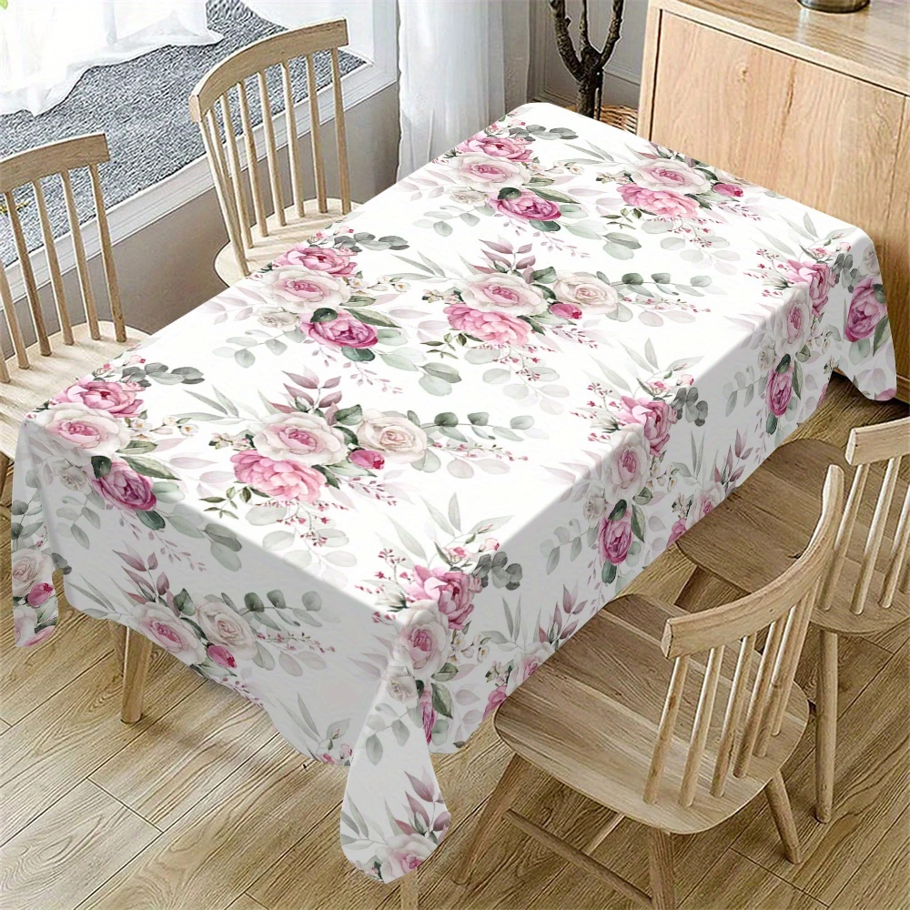 1pc  Watercolor Pink Rose Floral Tablecloth, Rustic Eucalyptus Leaf Print Table Cover for Dining Room Kitchen Farmhouse Decor