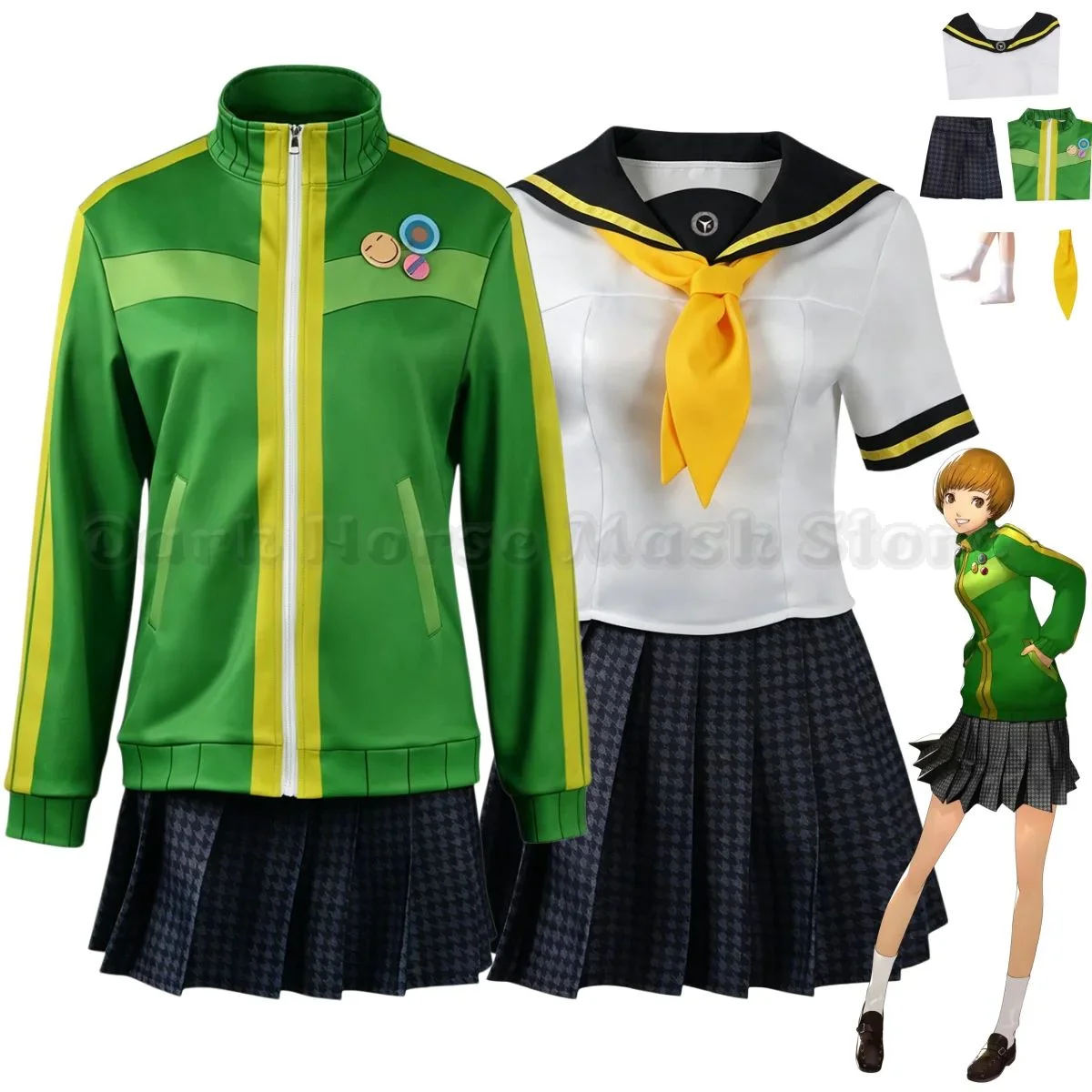 Frauen Chie Satonaka Cosplay Kostüm Persona 4 Chie Satonaka Cosplay Kostüm Yasogami JK Sportuniform Grüne Jacke Rock Set