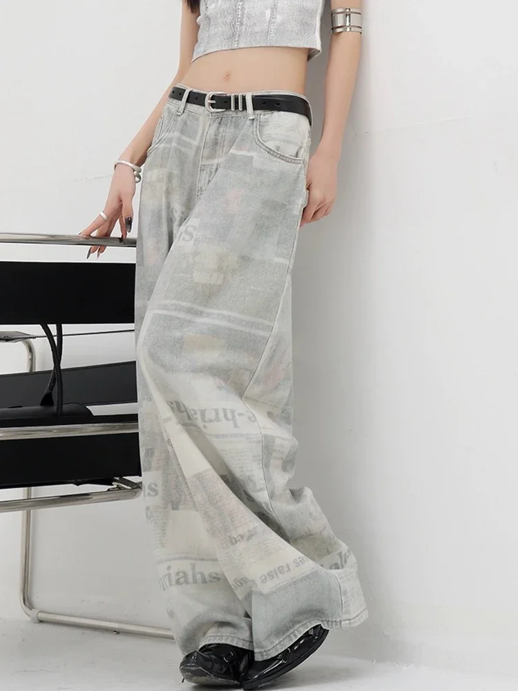 

American Vintage Chicly Printing Loose Simple Women Jeans Summer New Low Waist Fashion Full Length Casual Female Wide Leg Pants