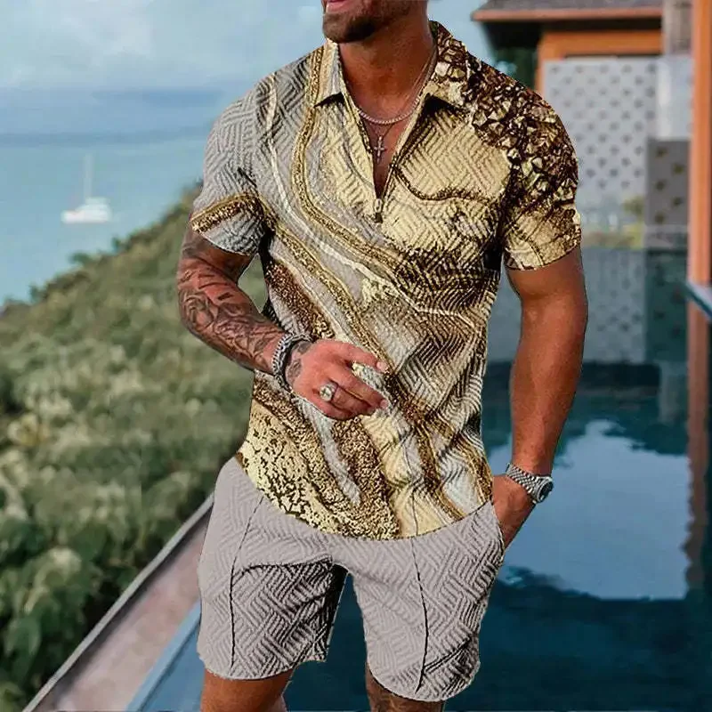 Men's Summer Tracksuit Sports Suit Men Set 3D Printed Casual Short Sleeve T Shirt Lapel Zip Polo Shirt Male Hawaii Shorts Suit