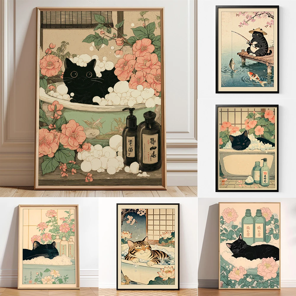 Black Cat In A Bathtub Painting Print Japanese Bathroom Wall Art Relaxation Poster Japan Cat Wall Art Neutral Japandi Print