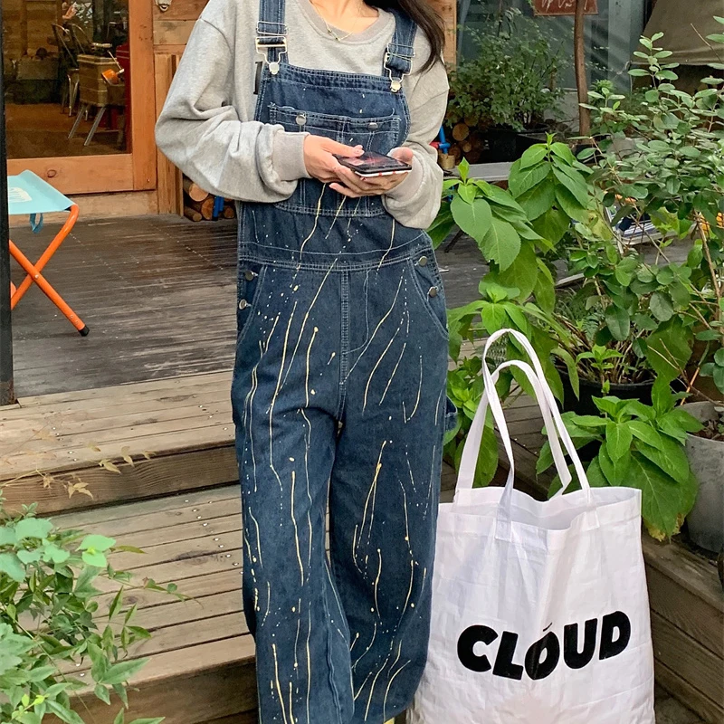 Vintage High Street Cargo Jean Jumpsuits Women Fashion Print Baggy Overalls Harajuke Loose High Waist Denim Trousers Female