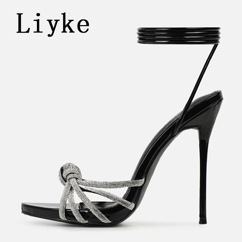 Liyke Elegant Party Sandals Female Rhinestones Narrow Band Open Toe Ankle Cross Lace Up High Heels Stiletto Wedding Shoes Women