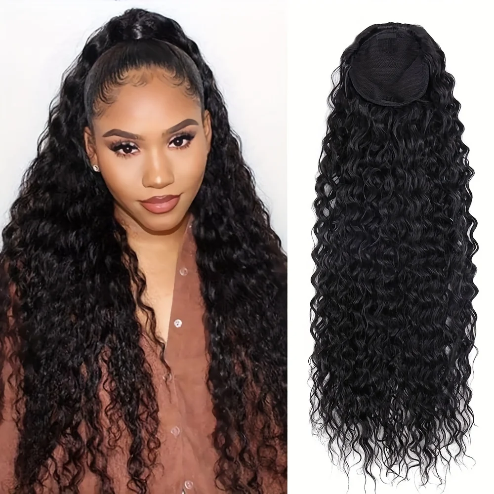 100% Human Hair Drawstring Ponytail Extension Deep Water Wave Natural Color 1B  Drawstring Ponytail Clip in Extensions for Women