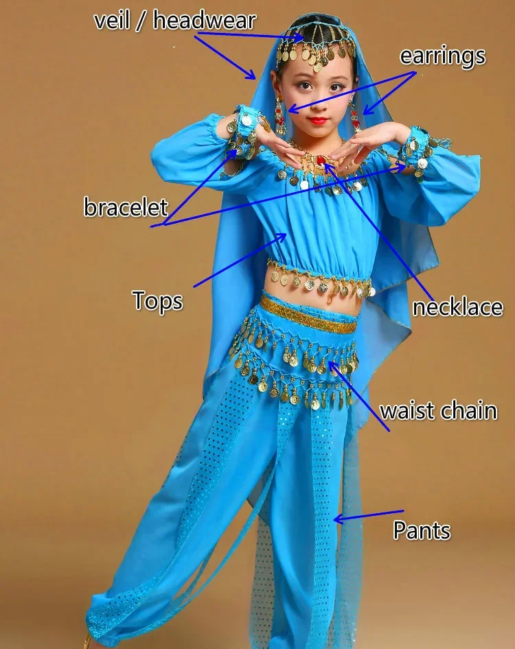 Costumi di danza orientale a maniche lunghe per ragazze a 4 colori per bambini vestito indiano con paillettes vestito da ballo Bollywood Performance sul palco