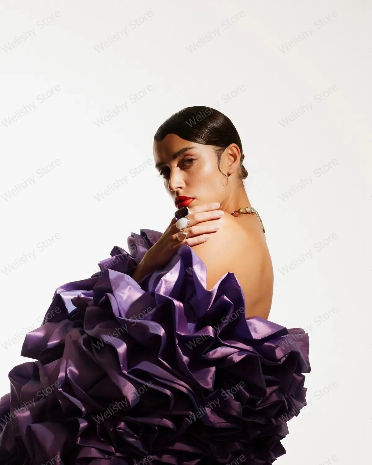 Uniek Design Avondjurken Sexy Paars Satijnen Feestjurken Geplooide Gelaagde Ruches Galajurken Vrouwen Formele Gelegenheid Jurk Gewaad