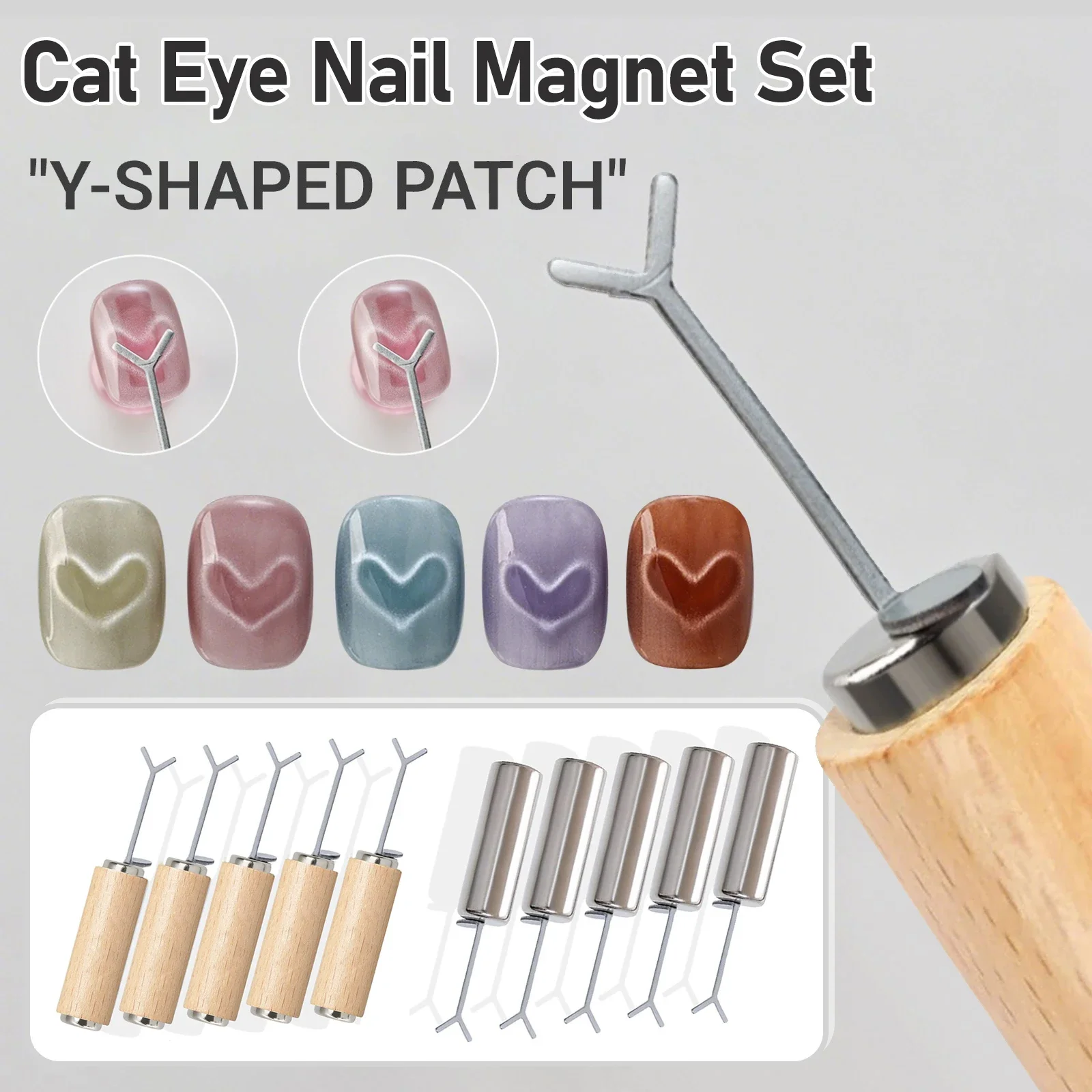 5 Stück Katzenaugen-Nagelmagnete, Nagelmagnet-Set mit 5 Stück Y-förmigen Eisendraht, Katzenaugen-Magnetstab, Katzenaugen-Nagelkunst-Werkzeug für Frauen und Mädchen