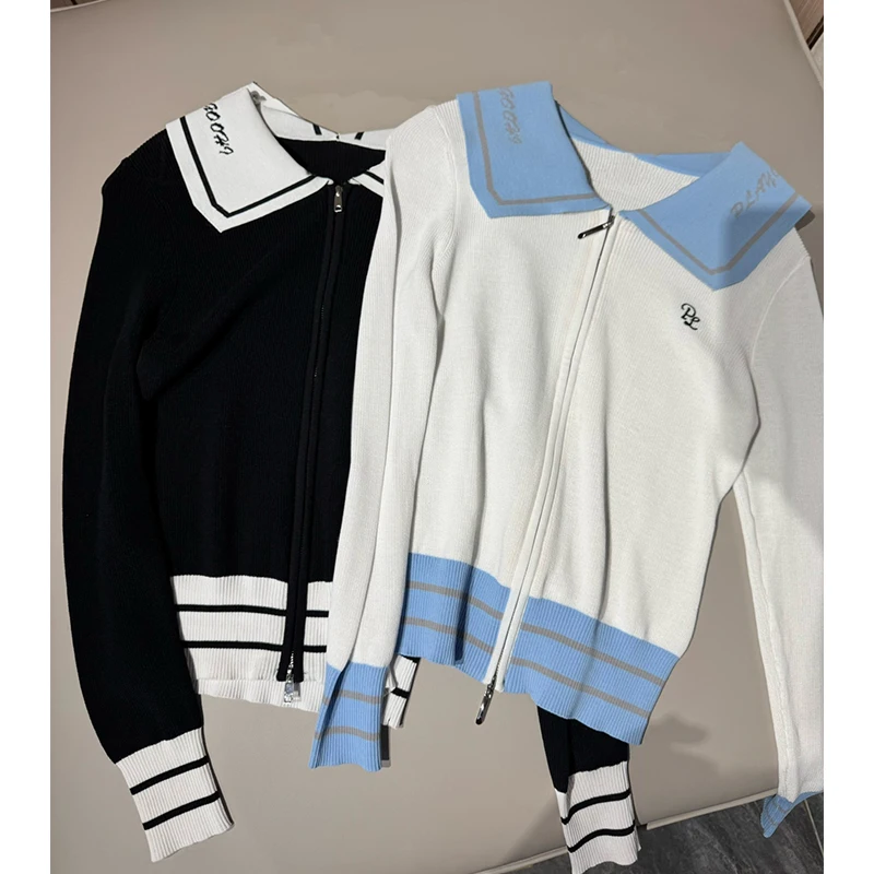 PL Golf Sweater Ladies FallWinter Stretch Long Sleeve Knitted Top College Style Lapel Golf Jackets Warm Windproof Slim Cardigan