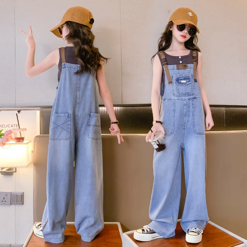 Little girls jeans overalls children\'s thin loose trousers summer sleeveless T-shirt vest and pants fashion set 4-14 years old