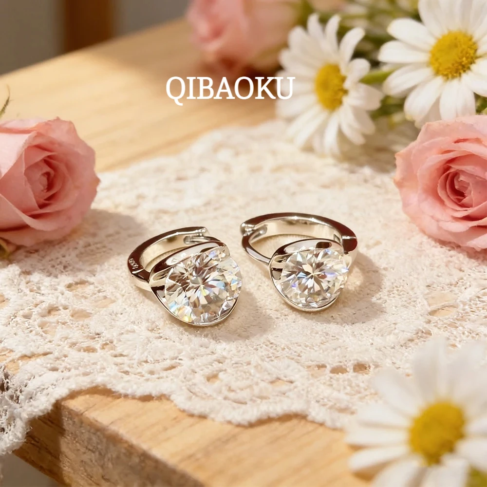 QIBAOKU 4cttw Moissanite Hoop Earrings 100% S925 Silver Ear Buckles Lab Diamomd Ear Studs for Women Gifts Jewelry Certificate