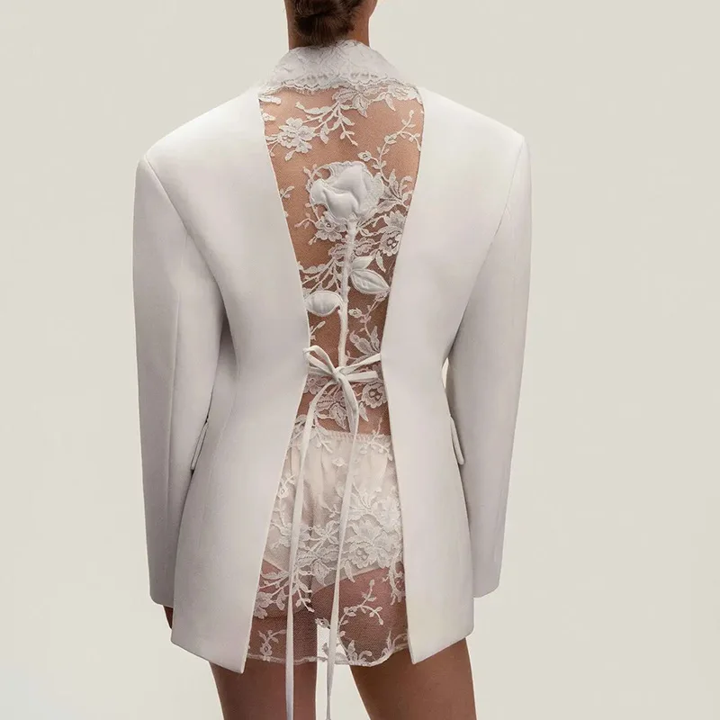 

White Lace Women Suit 1 Pcs Blazer Full Sleeves Flower Cotton Formal Wedding Guest Jacket Holiday Banquet Party Bridal Coat