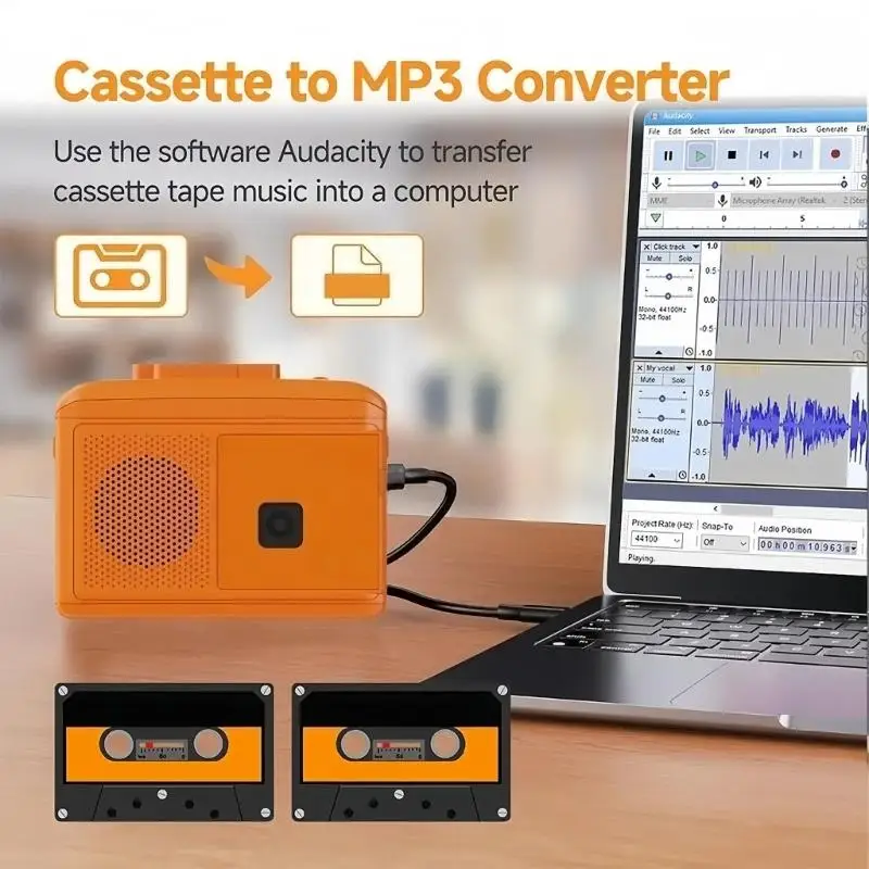 652F 배터리 작동 테이프 플레이어-MP3 변환기(헤드폰 스피커 및 홈 스테레오 시스템용 오디오 출력 포함)