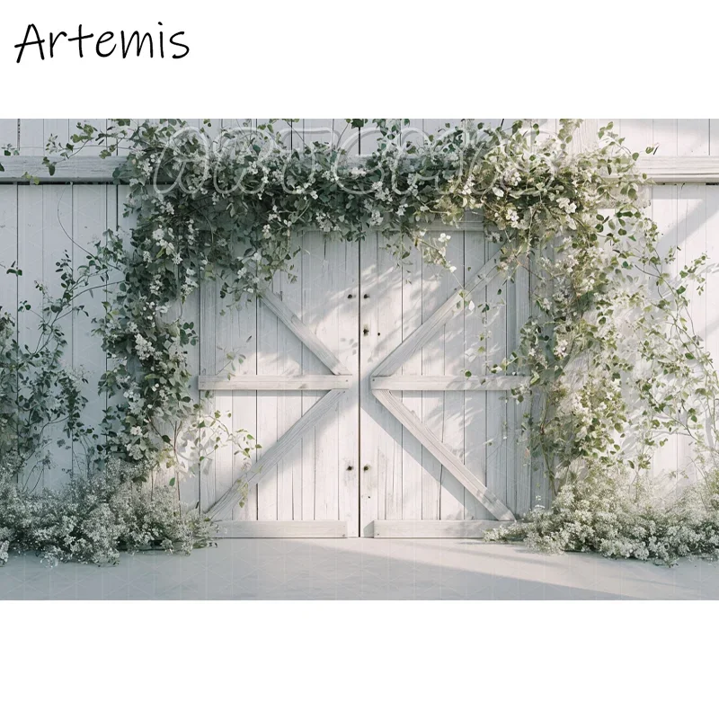 Spring Photography Backdrop Wooden Door Greenery Silver White Wedding Decoration Baby Birthday Portrait Background Photo Studio