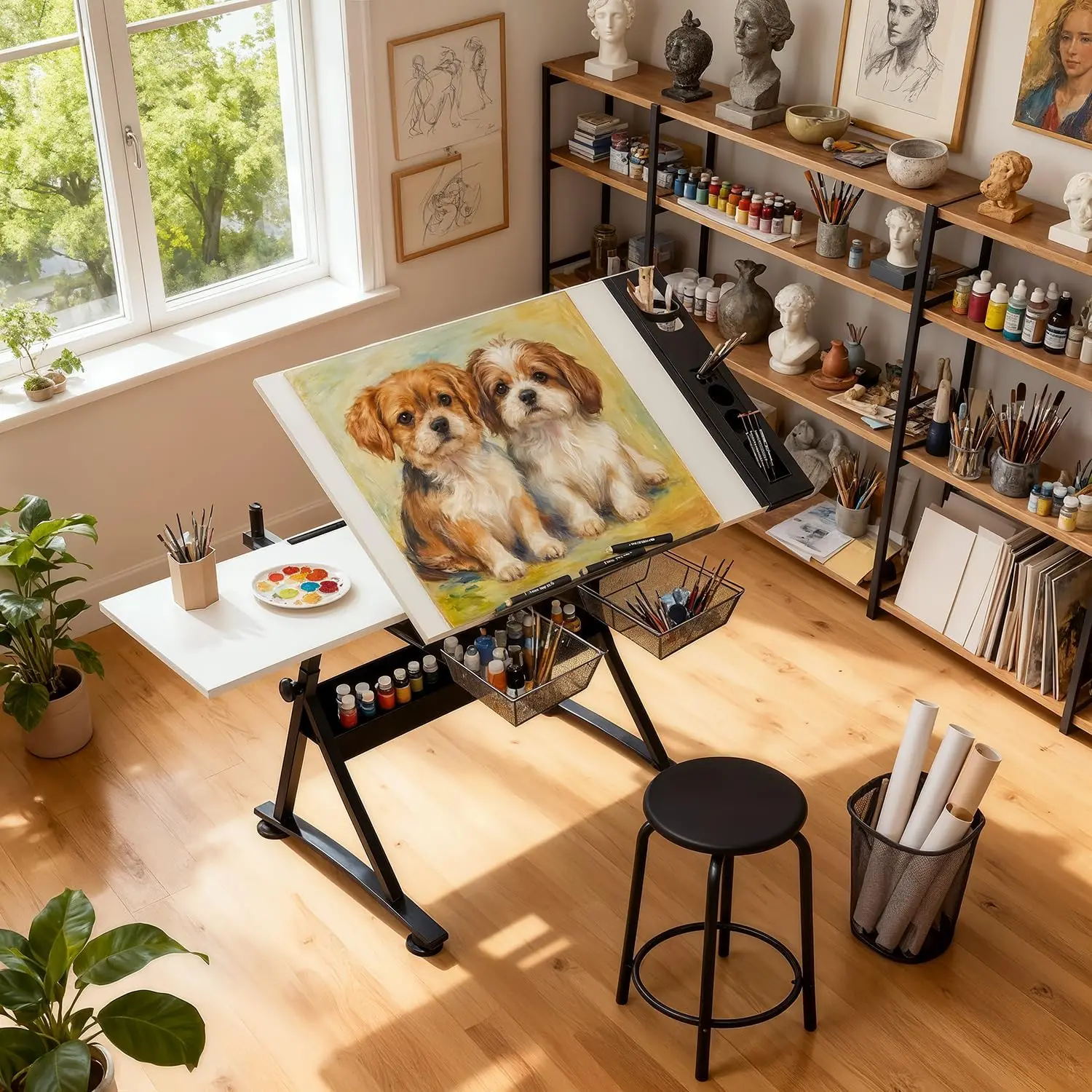 Professional Drafting Table for Adults W/Stool, Tilting Wooden Tabletop & Adjustable Height, Art Craft Desk Watercolor Paintings Sketching Work Station for Studio Home Office School (White)