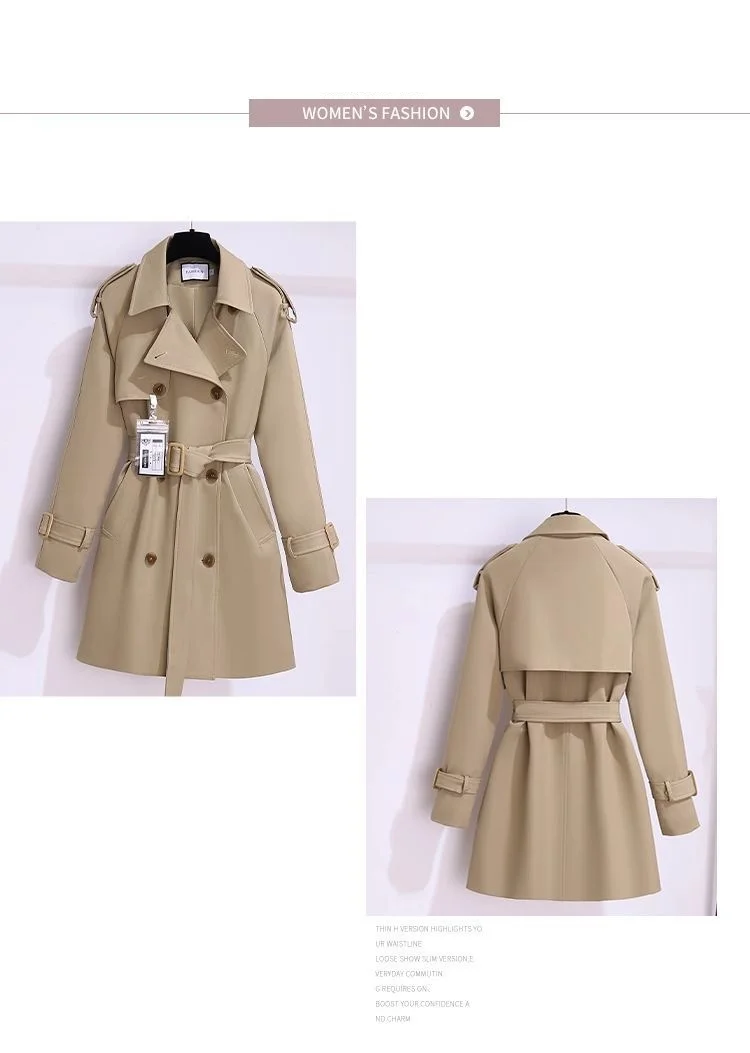 Women's Windbreaker 2026 Spring Autumn New Slim Double-breasted Temperament Coat With Belt Female Mid Length Casual Trench Coat